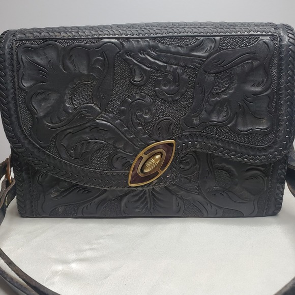 Hand Tooled Black Leather Purse 50's 60's Vintage Cowgirl Western Floral Print - Picture 2 of 9